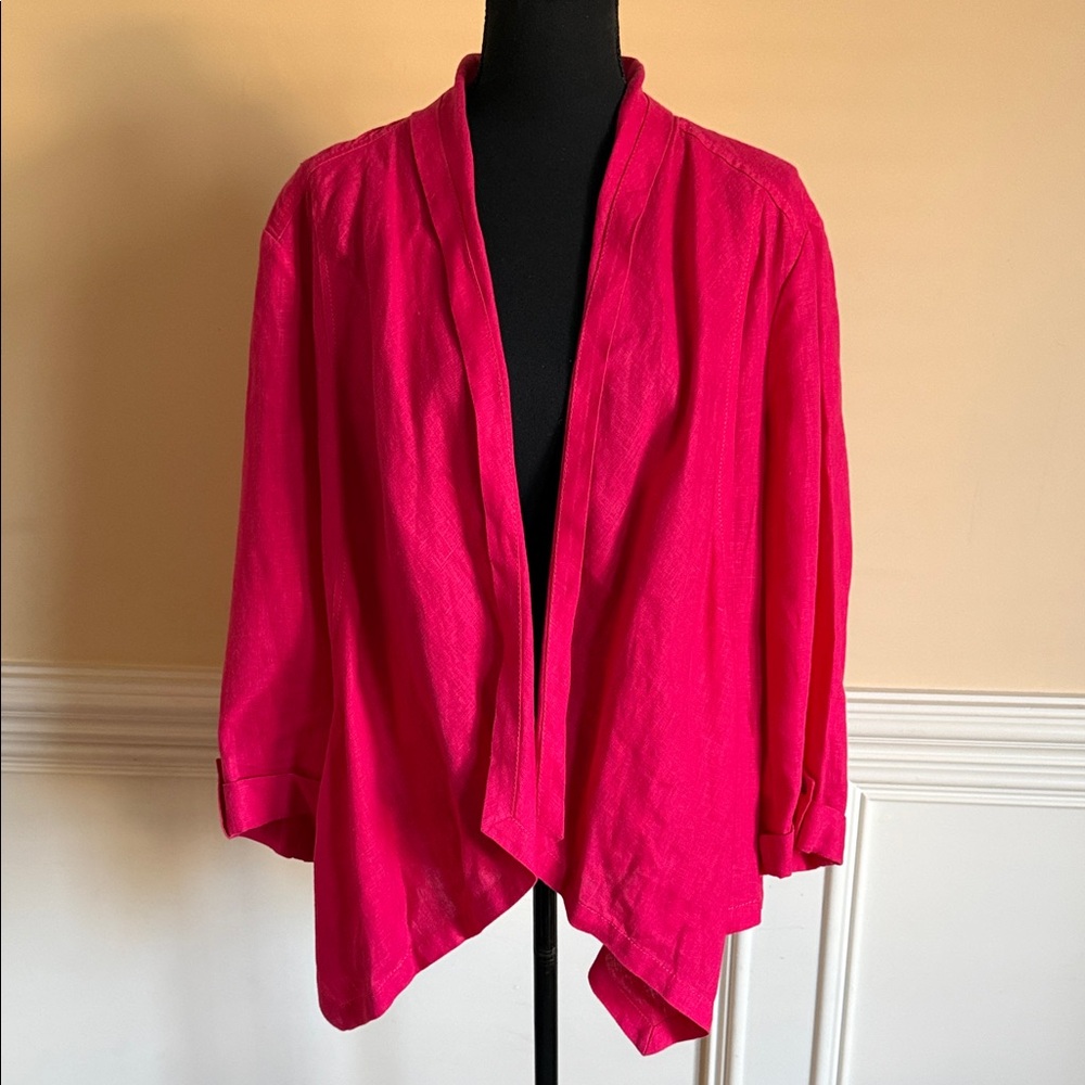 Chico’s 100% Linen‎ Draped Front Jacket Magenta Pink Roll Tab Sleeve Size 3/XL